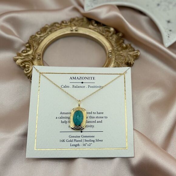 Amazonite Genuine Gemstone Necklace – 14K Gold Plated Sterling Silver - Picture 3 of 5
